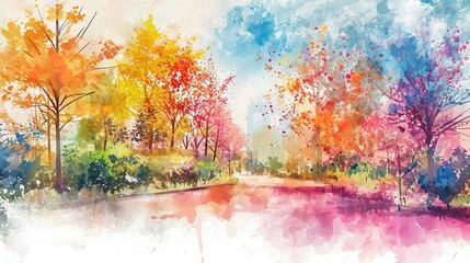Naklejka na ściany i meble Landscape architect plan design. Watercolor hand painted with brushes. Colorful splashes in the paper. It is wet texture background for creative wallpaper, floral card and artwork