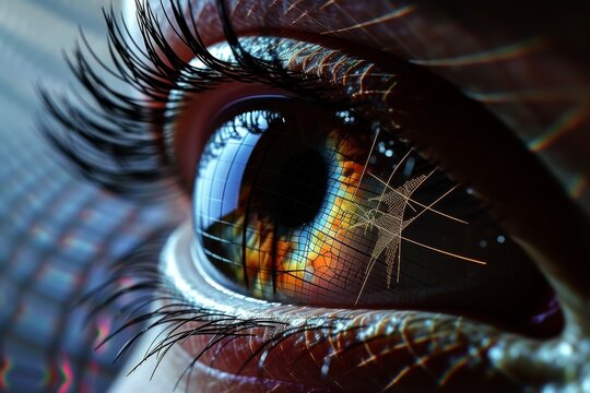 Human Cyborg AI Eye optic nerve inflammation. Eye lasik flap healing optic nerve lens refraction color vision. Visionary iris optic nerve coloboma sight iris inflammation eyelashes