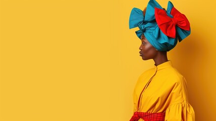 Side profile of woman in colorful headwrap