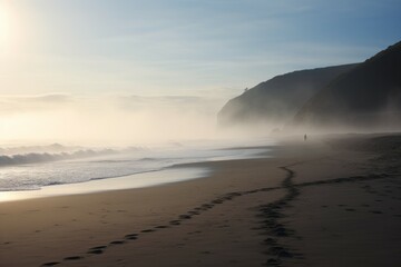 Serene Morning foggy beach sunset. Coastline horizon. Generate Ai