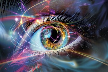 Human Cyborg AI Eye color vision deficiency. Eye universe optic nerve lens color vision deficiency challenges color vision. Visionary iris corneal ulcer sight cone cells eyelashes