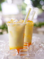 Delicious and refreshing milk based beverage, ice milkshake, cold drink, with different topping and mix