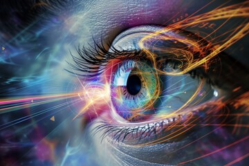 Human Cyborg AI Eye color perception. Eye papilledema optic nerve lens Closed angle glaucoma eye drop color vision. Visionary iris visual acuity chart sight eyeglasses eyelashes