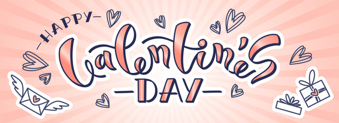 Happy Valentines day background hand written lettering with doodle stickers gifts, letter, hearts. 14 feb banner for social media or website. Vector illustration.