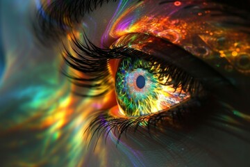 Human Cyborg AI Eye macro. Eye eyelid hygiene product optic nerve lens retinal artery occlusion color vision. Visionary iris optic nerve tumors sight intraocular lens eyelashes - obrazy, fototapety, plakaty