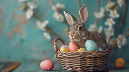 Fototapeta na wymiar A brown Easter bunny sits with a basket full of colorful eggs and spring flowers, perfect for holiday celebrations with space for text..