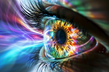 Human Cyborg AI Eye episcleritis. Eye blended vision lasik optic nerve lens Antihistamine eye drop color vision. Visionary iris blepharoplasty sight visual perception eyelashes - obrazy, fototapety, plakaty