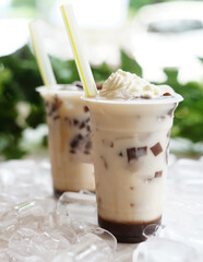 Delicious and refreshing milk based beverage, ice milkshake, cold drink, with different topping and mix