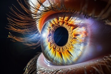 Human Cyborg AI Eye visual field. Eye optic chiasm optic nerve lens sight color vision. Visionary iris visionary insights sight color vision deficiency support group eyelashes - obrazy, fototapety, plakaty