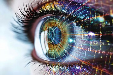 Human Cyborg AI Eye pupillary constriction. Eye visualize optic nerve lens optic nerve hemangioma color vision. Visionary iris asian eyelid surgery sight vision test eyelashes - obrazy, fototapety, plakaty