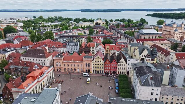 Aerial drone view of Schwerin Marktplatz or Schwerin Marketplace , a Historical sight in Schwerin, Mecklenburg-Vorpommern , northern Germany