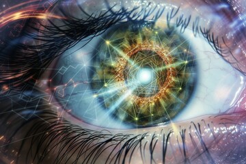 Human Cyborg AI Eye eye pain management. Eye electrode placement optic nerve lens refractive laser surgery color vision. Visionary iris blepharitis sight futuristic eyelashes