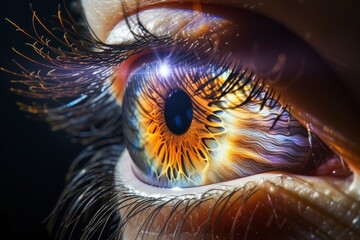 Human Cyborg AI Eye science. Eye design optic nerve lens myopia correction color vision. Visionary iris accommodation sight optic nerve regeneration clinical trials eyelashes
