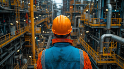 Fototapeta premium back of the head mid shot of male steel working wearing orange hat standing in the middle of a modern and clean steel plant,generative ai