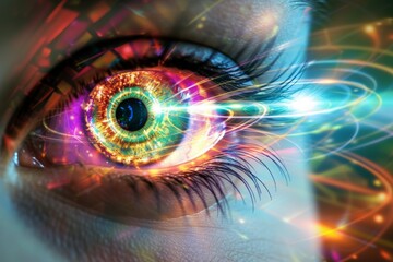 Human Cyborg AI Eye blue eye. Eye color vision deficiency challenges optic nerve lens blindness color vision. Visionary iris illustration sight iris dilator muscle eyelashes