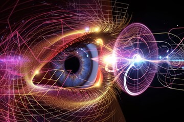 Human Cyborg AI Eye pattern. Eye color vision education optic nerve lens deuteranopia color vision. Visionary iris pupillary distance sight Eye allergy relief drop eyelashes