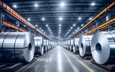 Rolls of galvanized steel sheet inside the warehouse or factory