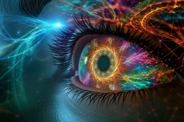 Human Cyborg AI Eye eyelids. Eye acquired ptosis optic nerve lens vision quest color vision. Visionary iris Carbonic anhydrase inhibitor eye drop sight low vision eyelashes - obrazy, fototapety, plakaty