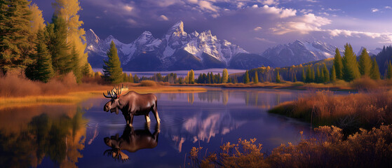 A moose walks through the lake in a dramatic mountain landscape.  The sky is dramatic. - Powered by Adobe