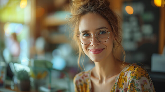 a woman, banker, teller, clerk or other experience professional is happy to be working.  Great customer service.  Smiling.