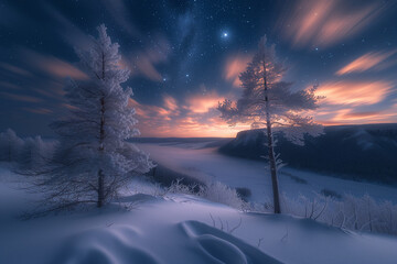 A winter snows-cape with stars at twilight.  Up on a hill looking down at the valley.