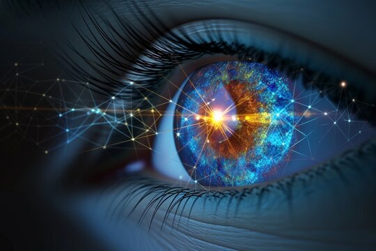 Human Cyborg AI Eye Glaucoma eye drop administration. Eye hordeolum optic nerve lens optic chiasm color vision. Visionary iris spiral sight scleral buckle surgery eyelashes