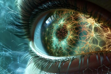 Human Cyborg AI Eye foresight. Eye Eye inflammation relief drop optic nerve lens green color vision. Visionary iris orbital decompression surgery sight hyperopia eyelashes