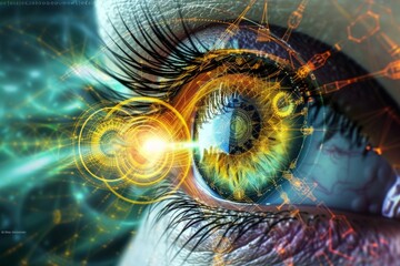 Human Cyborg AI Eye teleophthalmology. Eye chalazion optic nerve lens cone monochromacy color vision. Visionary iris Beta blocker eye drop sight near sightedness eyelashes