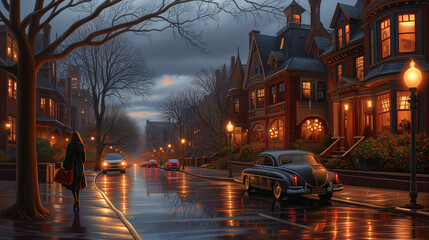 A woman walks down the street on a rainy night.  City liights shine.