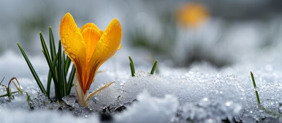 A yellow crocus flower, a terrestrial plant with herbaceous petals, emerges from the snow, creating a beautiful contrast in the natural landscape. - obrazy, fototapety, plakaty