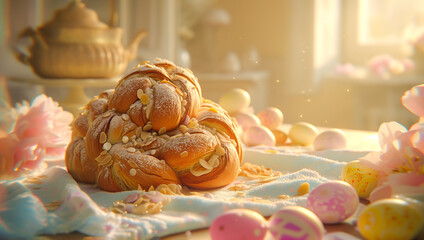 Colomba Pascuale or Colomba di Pasqua, Italian Traditional Dove Easter Bread topped with Sugar Almonds Lying on Table with Easter Decorated Eggs. Kulich. AI Generated. Horizontal. Holiday Atmosphere.