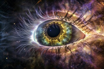 Human Cyborg AI Eye pupil dilation measurement. Eye eye drop bottle design optic nerve lens idea color vision. Visionary iris ocular aberration sight optic nerve eyelashes