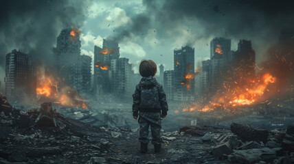 Desperate Poor Afraid Child Standing in The Middle of War Zone Deserted Demolished City Buildings Burning in the Background,generative ai