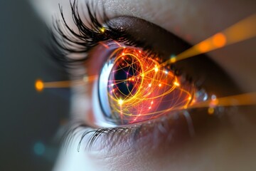Human Cyborg AI Eye macula. Eye iol optic nerve lens lens related refractive errors color vision. Visionary iris insight sight color vision deficiency resources eyelashes - obrazy, fototapety, plakaty
