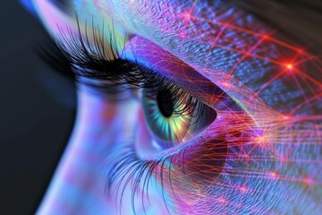 Human Cyborg AI Eye astigmatism. Eye retinitis pigmentosa optic nerve lens cataract color vision. Visionary iris overview sight Chemical conjunctivitis eye drop eyelashes - obrazy, fototapety, plakaty