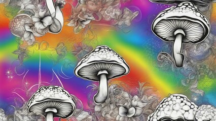 _A black and white psychedelic  pattern with magic mushrooms over sacred geometry on a rainbow 