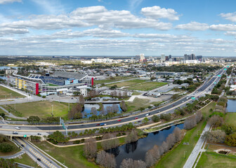 Aerial view of downtown Orlando, Florida with Stadium in the foreground. February 9, 2024.