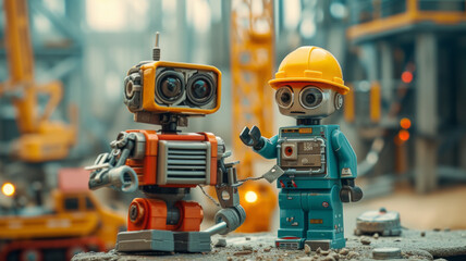 Fototapeta premium sci fi robot engineer and a man inspection construction work with a robot worker and construction site,generative ai