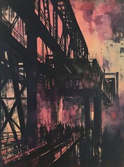 Painting of people on the pedestrian walkway of a large suspension bridge, industrial brutalism and noir style. From the series “Abstract Noir.
