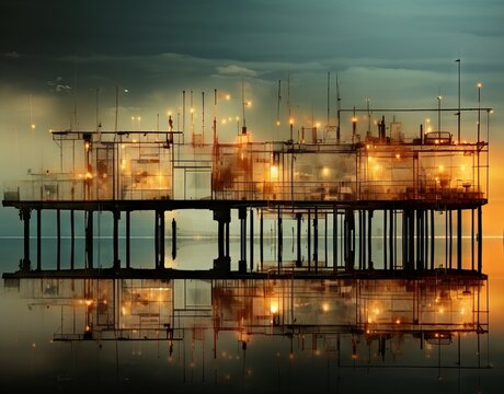 Borderline abstract photograph of a transparent industrial installation on an ocean pier at sunset. From the series “Machine City."
