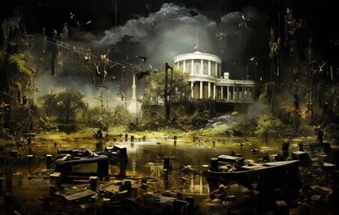 Dark surreal scene of a grandiose white colonnaded structure in a swamp and surrounded by junk. From the series “Bad LSD," "Recurring Dreams."