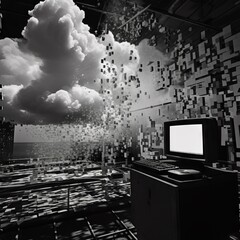 Surreal Black-and-white photograph of a computer screen in a darkened room that is breaking into pixelated fragments and photo glitches. From the series “Emergence."