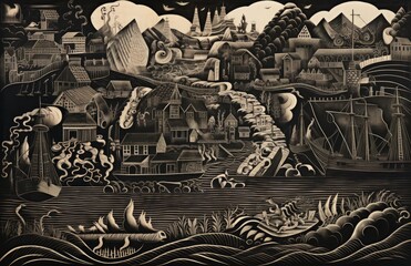 Black and white folk-art style woodcut of a fantastic landscape crowded with houses, and ships, lively action. From the series “Abstract Noir."