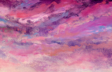 Beautiful purple clouds, warm summer purple landscape oil painting