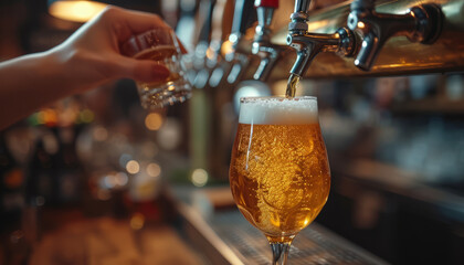 Fototapeta na wymiar close up on tapping a beer in pub,generative ai