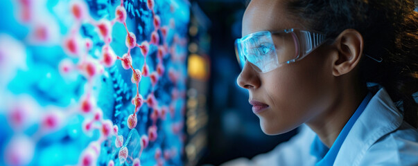 scientist viewing 3D models of protein structures on a monitor, exploring potential drug targets