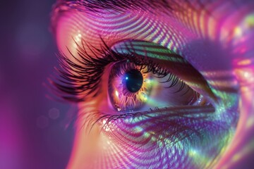 Human Cyborg AI Eye visual field. Eye color vision deficiency consequence optic nerve lens illustration color vision. Visionary iris chalazion sight diopters eyelashes - obrazy, fototapety, plakaty