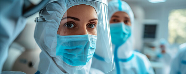 Close-up view of a patient wearing protective gear in preparation for an X-ray, with the technician adjusting the equipment in a protective manner - obrazy, fototapety, plakaty