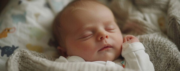 Detailed shot of a newborn sleeping peacefully in a hospital bassinet, with a soft-focus on the infants serene expression