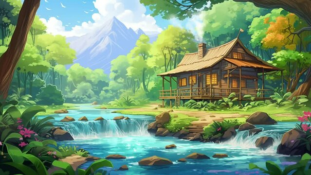 Animated illustration of a traditional house beside a river with a natural forest view. Animated scenery background illustration.